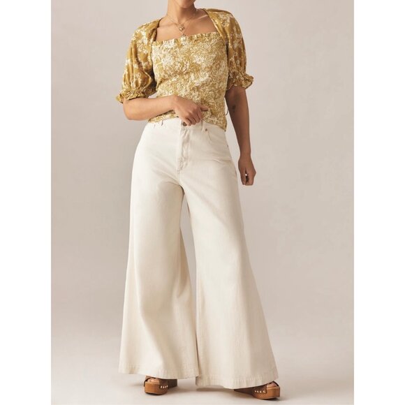 Anthropologie Seersucker Smocked Puff-Sleeve Crop Top Size L Chartreuse Floral - Picture 3 of 8